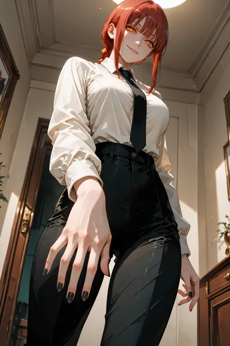 1girl, makima (chainsaw man), red hair, ringed eyes, braided ponytail, solo, black necktie, shirt, collared shirt, black pants, standing, in the room, sensual look, sexy, attractive, mischievous smile, looking at the viewer, detailed hands, five anatomical...