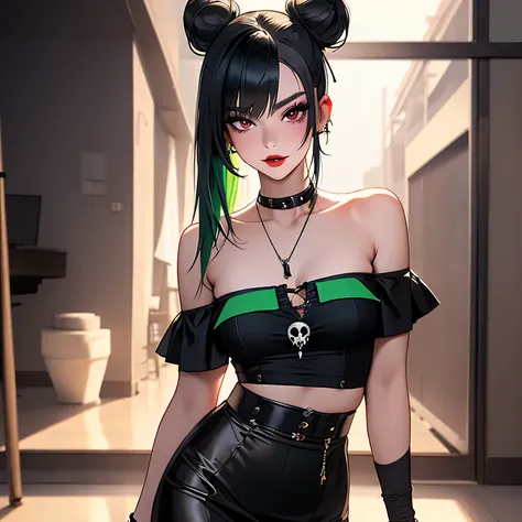 One woman, 22 years old mature alluring japanese gal, alluring face, bad girl look, cool girl, confident smile, Japanese gal, blue and red eyes, (wearing gothic punk top with skulls with A-line skirt, black net stockings), flat chested, (slender petite bod...