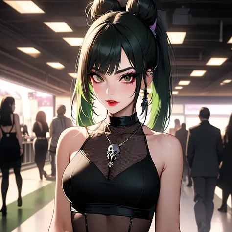 One woman, 22 years old mature alluring japanese gal, alluring face, bad girl look, cool girl, confident smile, Japanese gal, heterochromia eyes , (wearing gothic punk top with skulls with A-line skirt, black net stockings), flat chested, (slender petite b...