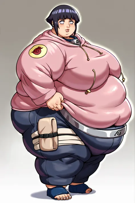 score_9, score_8_up, score_7_up, anime screencap BREAK,
1girl, hyuuga hinata, short hair, black hair, no pupils, blunt bangs, shiny hair, white eyes, hoodie, hood down, long sleeves, capri pants, forehead protector, standing, milf, mature, standing, giant ...