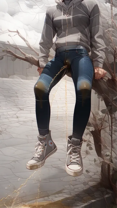 erection small bulge,Slim  boy 1boy, wearing hoodie, (a pair of grey dusty washed-out skin tight leggings-jeans:1.9), converse (dirty knee high sneaker-boots x-hi1.8), (legs spread, medium length), (small bulge), (front view), he too lazy to use bathroom, ...