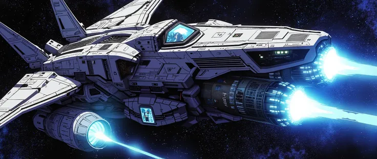 Anime image in the style of the 90s/2000s. Defined and perfect lines. The image depicts a huge spaceship, seen from the side, with a metallic gray color, lying on its side. On the side of it, there is a woman inside, seen through a large rectangular window...