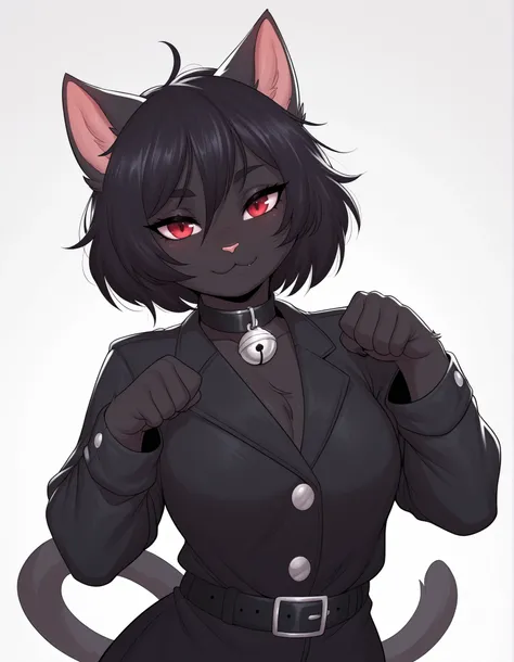 bellbellasartiststyleil,, masterpiece, best quality, very aesthetic, 1girl, solo, white background, looking at viewer, portrait, paw pose, :3, furry female, cat girl, animal ears, black hair, short hair, black skin, red eyes, cat tail, black jacket, button...