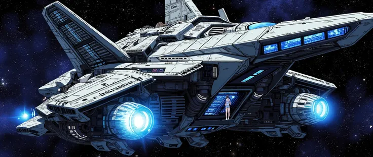 Anime image in the style of the 90s/2000s. Defined and perfect lines. The image depicts a huge spaceship, seen from the side, with a metallic gray color, lying on its side. On the side of it, there is a woman inside, seen through a large rectangular window...