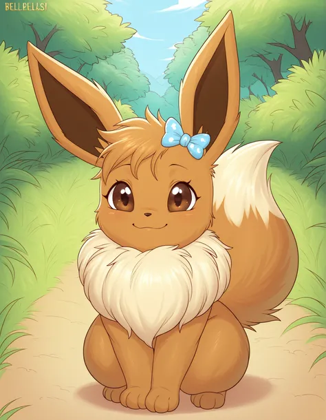 bellbellasartiststyleil,, pokekid, eevee, fluffy girl, furry girl, female, smile, smiling, has a big pretty bow in her hair, has animal paws for hands, 1girl, best quality, outdoors, high definition, cute,