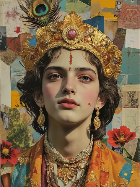 Vintage collage art, Lord Krishna, wearing golden crown on head with a peacock feather on it, peacock feathers and flowers on papers and oil painting collage in retro style, ff-collage  
