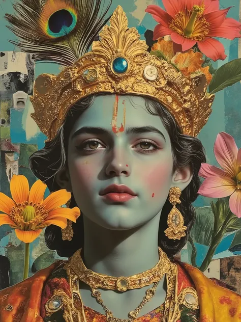 Vintage collage art, Lord Krishna, wearing golden crown on head with a peacock feather on it, peacock feathers and flowers on papers and oil painting collage in retro style, ff-collage  