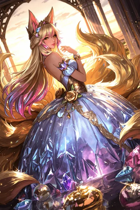 masterpiece, best quality, ultra detailed, 8k, official art, splash art, Riot Games style, (Ahri from league of legends:1.3), (Dawn Crystal Ahri:1.4), (celestial fox princess:1.3), (rose gold hair with crystal highlights:1.2), (sunrise crystal fox ears:1.3...