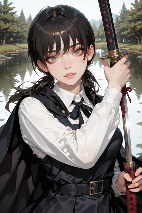 1 girl , Mitaka Asa, long hair , low ponytails , brown eyes , pretty eyes , detailed eyes, long eyelashes, beautiful eyes, beautiful face, beautiful hair, medium breasts, school uniform, black dress, pinafore dress, sleeveless dress, white shirt, black rib...