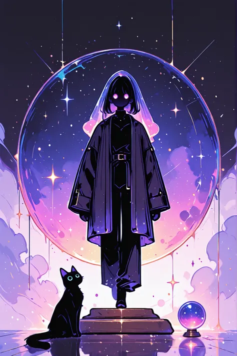 top quality, super definition, like the picture, Black Cat, Mysterious eyes , forefoot placed on a crystal ball, Sparkling Crystal Ball, stardust reflection, moonlight, Soft Light, Fantastic Space, purplish glow, jet black coat, Graceful Posture, Mysteriou...