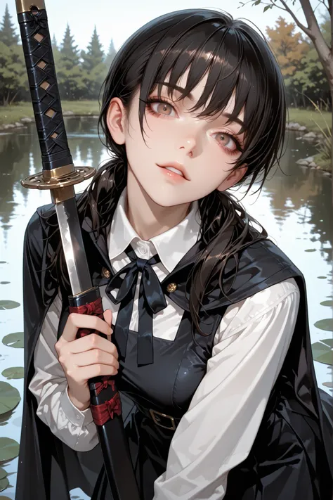 1 girl , Mitaka Asa, long hair , low ponytails , brown eyes , pretty eyes , detailed eyes, long eyelashes, beautiful eyes, beautiful face, beautiful hair, medium breasts, school uniform, black dress, pinafore dress, sleeveless dress, white shirt, black rib...