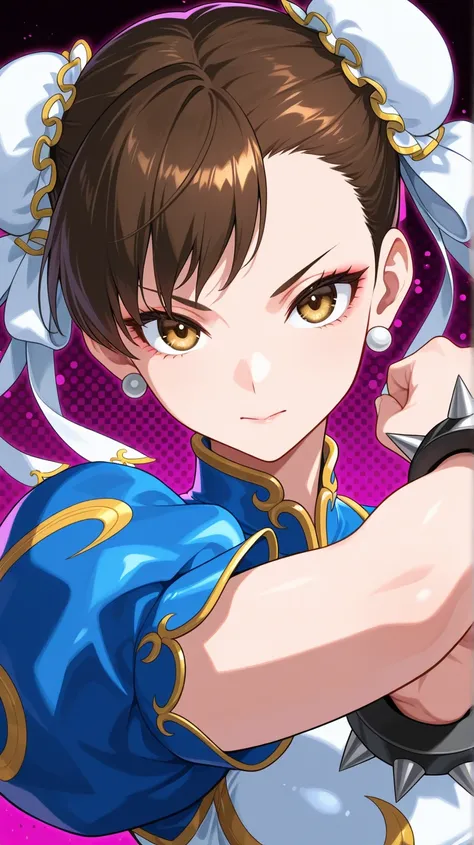 Pretty woman Chun-Li、is in a battle pose、beautiful eyes、My hair、beautiful face、