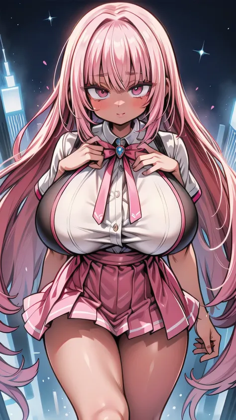 ((top quality)), ((masterpiece)),  (huge sagging breasts:1.38),thick legs,Patterned clothing.Magical Girl,pink hair.(dark skin:1.25). magic wand. cowboy shot. in the city,