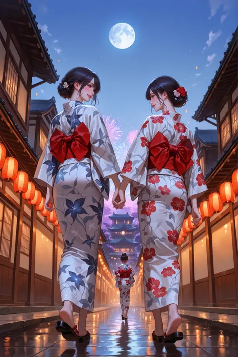 (masterpiece), best quality, (ultra-detailed), beautiful fantastic, 8K wallpaper, perfect face, perfect anatomy, cowboy-shot, full body, from a distance, wide angle view, smile, blush, Two girls walking hand in hand, wearing yukata with different patterns,...