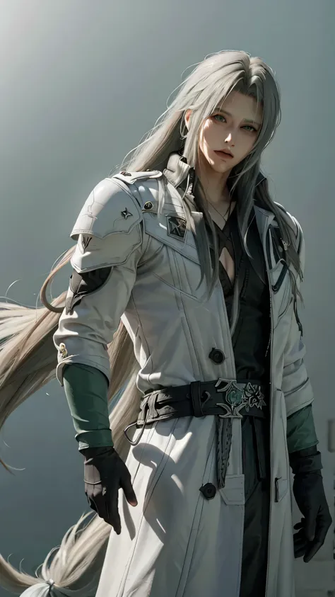 Masterpiece, Dragon Hair Jewelry, 
, Sephiroth  , Final Fantasy VII Remake , 1boy, Face Towel For Men, glove, long hair,light blonde,light green eyes , Long Robe, white leather coat ,trousers,belt,,Accessories, long coat
Gray background,  Vergil , Vergil D...