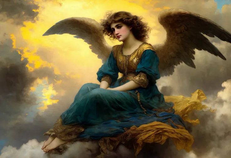 ((dark renaissance)) ((girl angel sadness)), One, ((, sitting on a cloud)), nimbus, Dark Clouds , , , half-turned gaze at the viewer , bowed head, tunic, curly brown hair, ((style of Hans Zatzka)), dark renaissance, gradient of aged yellowed canvas, ((bett...