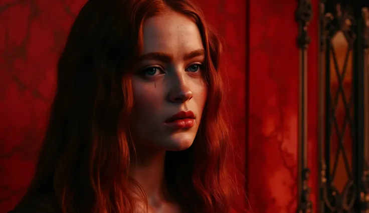 Dark gothic fantasy portrait, waist-up of a pale ethereal woman kneeling in sorrow, crying thick blood tears down her cheeks. Her long flowing hair is vivid fiery red, cascading like rivers of blood around her shoulders. Her golden eyes with fiery cores gl...