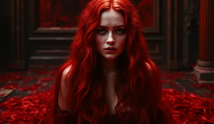 Dark gothic fantasy portrait, waist-up of a pale ethereal woman kneeling in sorrow, crying thick blood tears down her cheeks. Her long flowing hair is vivid fiery red, cascading like rivers of blood around her shoulders. Her golden eyes with fiery cores gl...