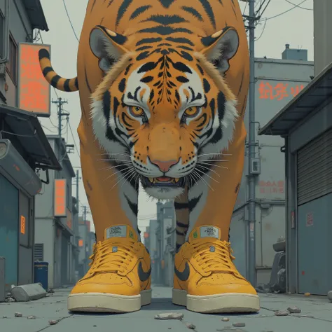 There is a picture of a tiger wearing yellow vintage sneakers, Akira Toriyama 📹, Akira Style, 90s japan, Akira Vibe, Kentaro Miura style, by Hiroyuki Tajima, Shuichi Mizuno, Miyako Toriyama, Focus only on sneakers , Akira Toriyama style,  sneaker shoes