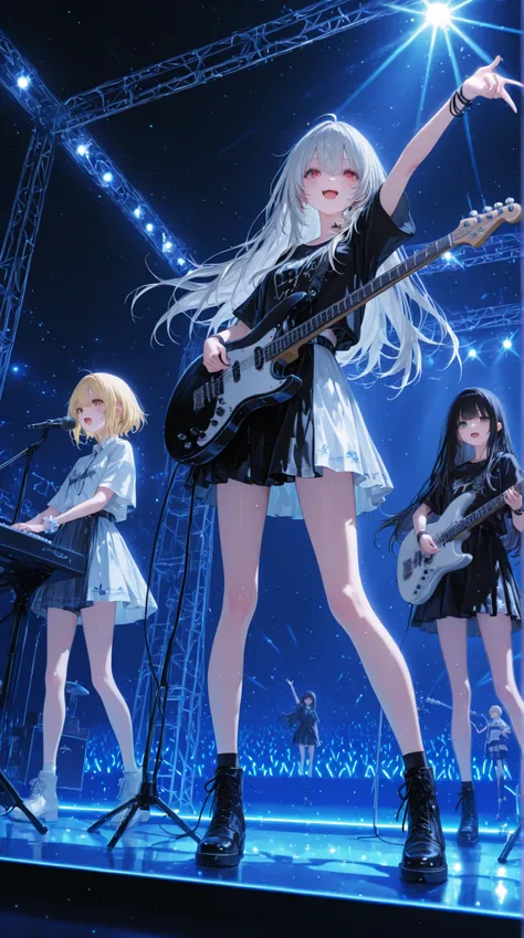 A band of 3 girls、1 has long silver hair、1 has short blonde hair、1 has long black hair、1 is a keyboard player、 1 person electric guitar、1 is vocalist and bass、singing on stage、Playing、The location is dancing on the 、背景whole、whole、