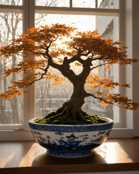 Realistic , extremely detailed craftsmanship, RAW Photo, super clear, ancient bansai in a ceramic bowl on a white windowsill, its tiny leaves echo the mighty crown of a centuries-old maple outside the window, the warm rays of the sunset create long shado...