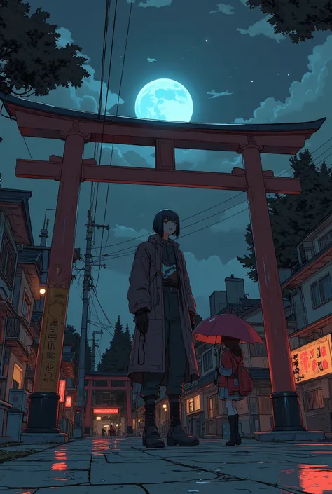 The anime character is standing at a shrine at night with a girl in a red jacket,In the precincts of Torii、bad、 90s anime aesthetic, 90s anime style, 90s anime style, modern cyberpunk anime, 90s anime style, 80s anime atmosphere , an anime character in a...