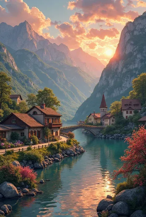 a small village by the river, mountains in the background, floral flowers colorful, detailed landscape, Beautiful natural landscapes, atmospheric lighting, scorching sunset, warm colours, practical, photopractical, Detailed Foliage, complex buildings, cobb...