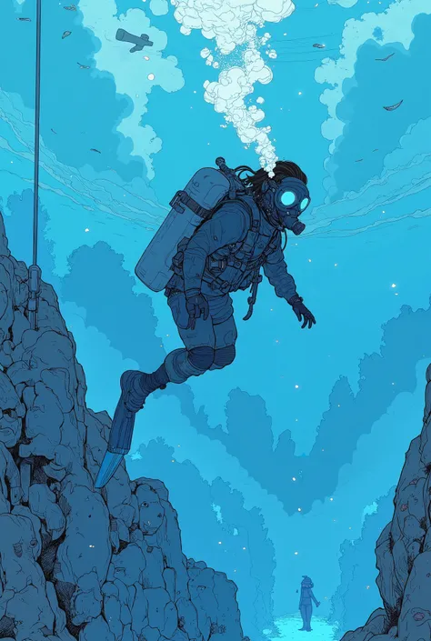 Taken from the bottom、wide-angle lens with broad skin、from a textured watercolor background、a lone figure of a scuba diver emerge, is shaded throughout with shades of navy and indigo. diver, which creates a dynamic atmosphere, is drawn against a calm blue ...