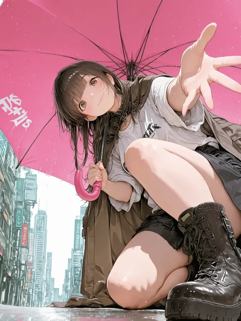 woman,reaches out to the viewer,hand focus,smile,from below,partial squat,cape look at the viewer,white oversized t-shirts,black skirt, short boots ,dark brown long hair,outside,Big Cities, city,hold a pink umbrella on one knee ,stretched _hand,stretched _...