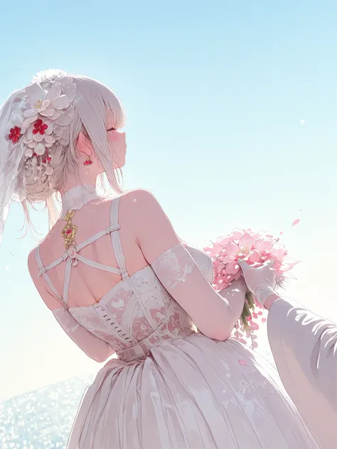 two brides, Alone in a traditional shiromuku, the other in a pure white wedding dress, Turning towards each other, "squeezing hands", their kimono sleeves and skirt bottoms flow, like silk waves, depicted from a low point of view, composition emphasizes th...