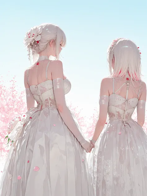 two brides, Alone in a traditional shiromuku, the other in a pure white wedding dress, Turning towards each other, "squeezing hands", their kimono sleeves and skirt bottoms flow, like silk waves, depicted from a low point of view, composition emphasizes th...