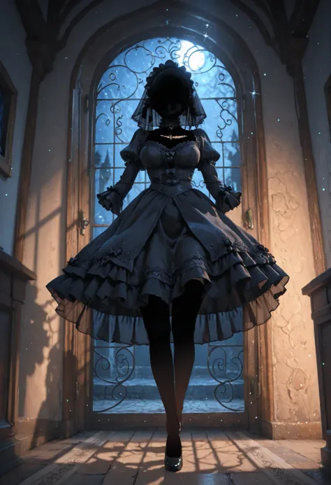dynamic pose, perspective, Extreme Perspective,masterpiece,INCREDIBLY ABULOUS,top quality,high resolution,very detailed CG, MEDIEVAL EUROPEAN NIGHT SCENE & DYNAMIC LIGHTING,Clear, Invisible Person 1 Girl, solo,Female Ghost in Gothic Lolita, Floating Clothe...