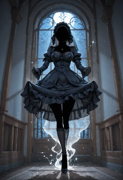 dynamic pose, perspective, Extreme Perspective,masterpiece,INCREDIBLY ABULOUS,top quality,high resolution,very detailed CG, MEDIEVAL EUROPEAN NIGHT SCENE & DYNAMIC LIGHTING,Clear, Invisible Person 1 Girl, solo,Female Ghost in Gothic Lolita, Floating Clothe...