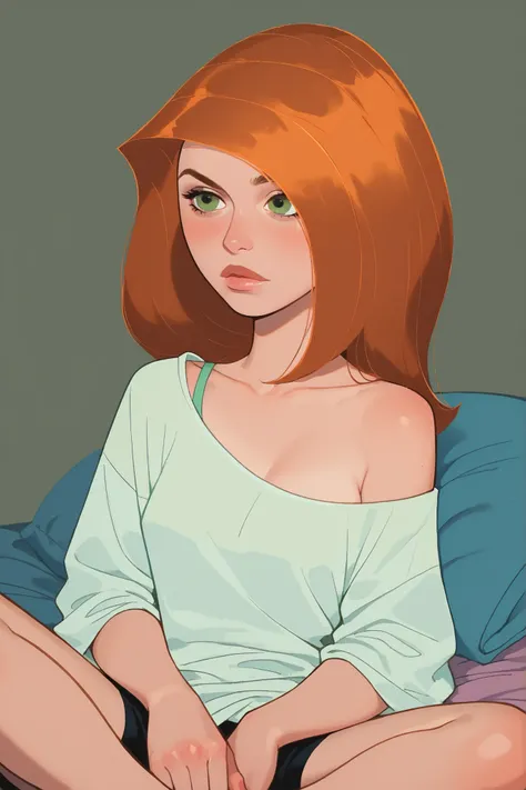 Kim possible from disney series,  long orange hair,  green eyes, sitting on a bed in an oversized white shirt, one side slipping off her shoulder, revealing her chest partially, looking straight into the camera with a teasing gaze, soft natural light, sens...