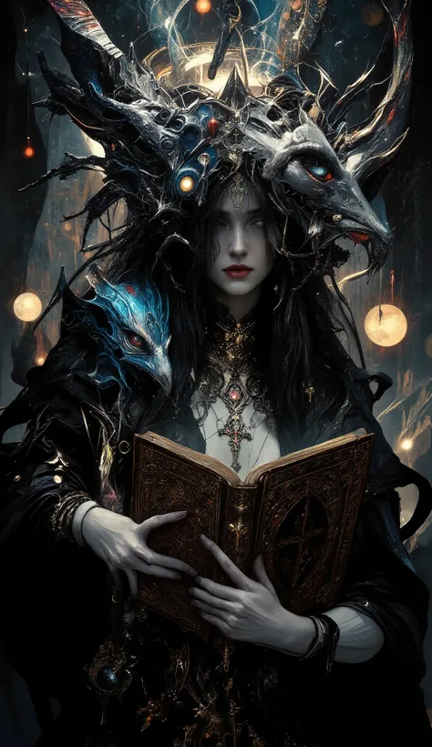 Surreal Painting, An extravagant, mysterious female figure dressed in intricately embroidered black and white medieval clothing that fits her form perfectly , A jeweled rosary necklace with a large crucifix rests on her shoulder,Allusions to a historical ...