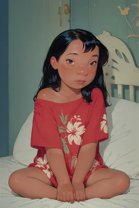 Lilo pelekai from disney movie, brown hawaiian skin, long black hair, short stature, elementarystudent, child body, soft body, sitting on a bed in an oversized red shirt, one side slipping off her shoulder, revealing her chest partially, looking straight i...