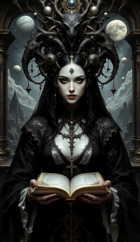 Surreal Painting, Behold! The High Priestess Enigmatic Bene Gesserit Witch of the Weirding Way : An extravagant, mysterious female figure dressed in intricately embroidered black and white avante garde formal rococo clothing that fits her form perfectly , ...