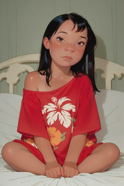 Lilo pelekai from disney movie, brown hawaiian skin, long black hair, short stature, elementarystudent, child body, soft body, sitting on a bed in an oversized red shirt, one side slipping off her shoulder, revealing her chest partially, looking straight i...