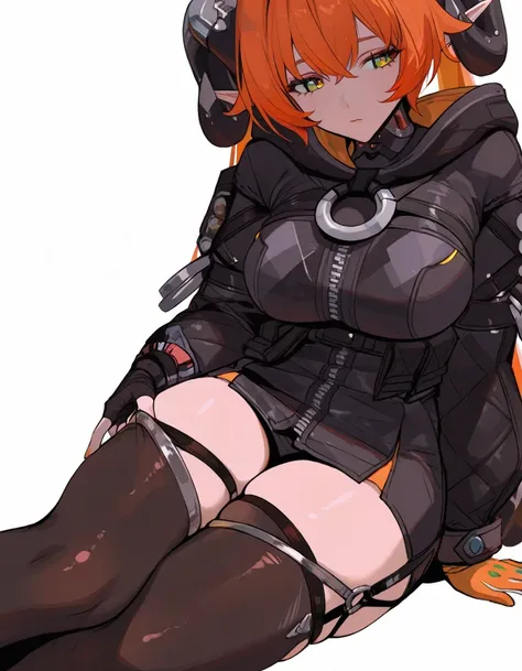 ((solo)), maximum masterpiece, maximum top quality, high fashion, absurdres extremely, close up, HDR, intricate details, very cute face, vivid colors, commentary, curvy beauty body, very cute girl, orphie \(zenless zone zero\), 1girl, horns, tail, white background, solo, thighhighs, simple background, pointy ears, long hair, gloves, twintails, orange hair, orange gloves, jacket, black thighhighs, black jacket, green eyes, long sleeves, skindentation, two-tone gloves, mechanical tail