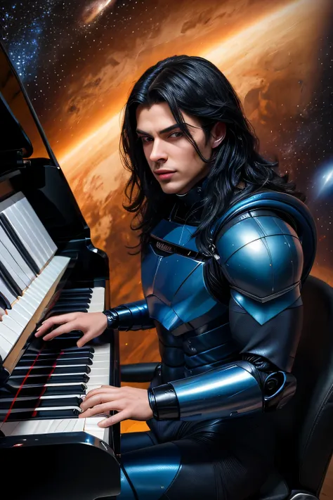create a cyber man with long black hair, With all space blue metallic ,that plays the piano, vista frontale , sguardo attento