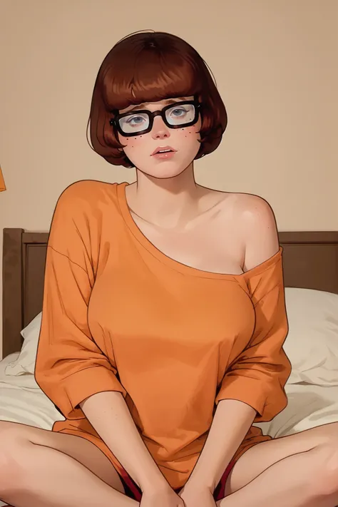 Velma dinkley, glasses,  brunette hair, large breasts, nerd, sitting on a bed in an oversized orange shirt, one side slipping off her shoulder, revealing her chest partially, looking straight into the camera with a teasing gaze, soft natural light, sensual...