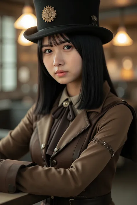 (masterpiece, highest quality), ultra high definition,
cinematic lighting, rim light, ((bokeh)),
break

A steampunk world.
A cute Japanese woman.
She is sitting at a desk in a laboratory.
She is wearing a hat with a gear motif.
She is dressed in clothing r...