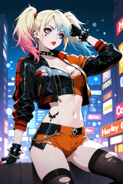 1girl, solo, harley quinn, bangs, blue eyes, blonde hair, twintails, blue hair, multicolored hair, choker, gradient hair, makeup, piercing, pink hair, lips, lipstick, red lips,,thighhighs, gloves, navel, cleavage, jewelry, jacket, open clothes, shorts, bla...