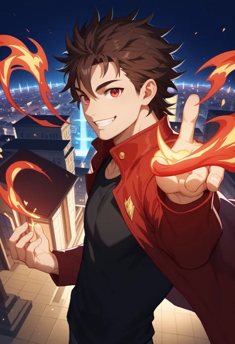 dark brown hair, man, red eyes, white skin, strong, strong physique, black shirt, focus on character, city in background, night, smiling, cheerful, messy hair, looking at viewer, anime style, young, athletic, wizard, Gojou Satoru, Magic, Red magic, Red mag...