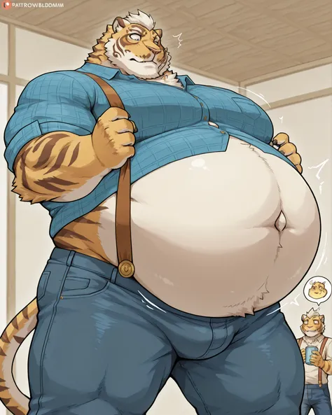 furry male tiger ,Lin Hu,Nekojishi,,,male,man,,Hairy belly,Strong muscles,Already tight belly,Thick white beard,Wearing a blue plaid shirt,Wearingdistressed jeans,With a kind expression,Handsome but old and kind,,Abnormally large belly,Very big belly,Belly...