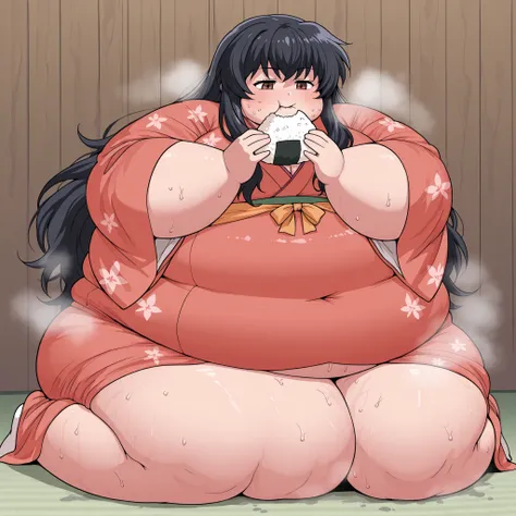 score_9, score_8_up, score_7_up, score_6_up, score_5_up, score_4_up, BREAK, source_anime, 1girl, kagomehigurashi, bangs, black hair, long hair, brown eyes, wearing a kimono, round face chubby cheeks   anime style,  fat, chubby, obese, holding onigiri,, eat...