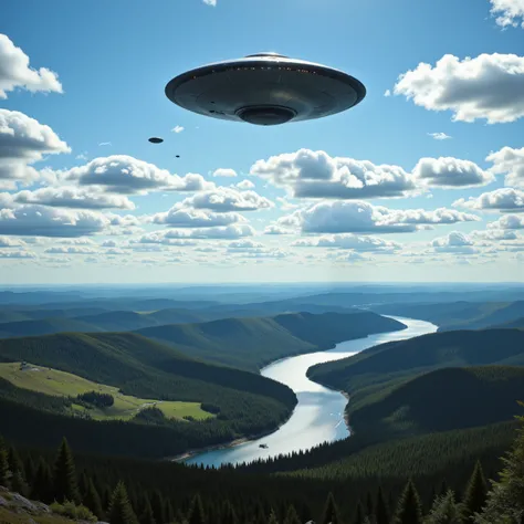 ufolora,From just above a forest valley that leads to a mighty river, a gigantic UFO can be seen above the landscape with seven other UFOs/UAPs flying in formation in the background against a blue sky and small cumulus clouds. Wide-angle view of the grea...