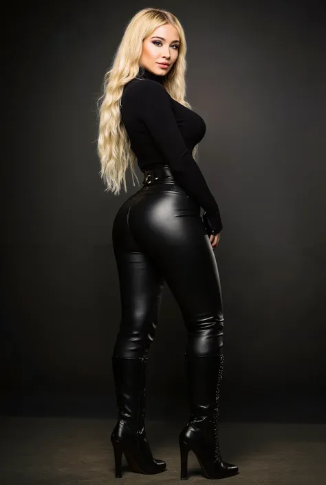 A Blonde Rockeira Goth With Huge Breasts Wearing Very Attractive Clothes And Very High Heeled Boots, no tatoos, 25 , She is posing sideways looking back Wearing very tight leather pants , legging