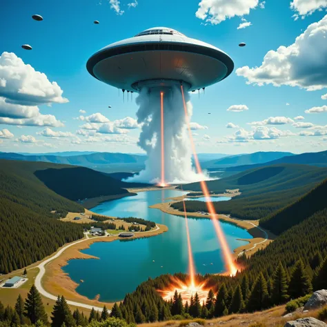 ufolora,From just above a forest valley that leads to a mighty river, a gigantic UFO can be seen above the landscape with seven other UFOs/UAPs flying in formation in the background against a blue sky and small cumulus clouds. Out of the giant mothership...