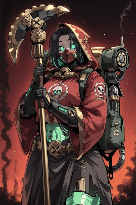 kurenaiz, masterpiece, best quality, amazing quality, very aesthetic, high resolution, ultra-detailed, absurdres, newest, warhammer 40k, 1girl, Adeptus Mechanicus, black hair, red mechanicus robes, exposed midriff section, glowing green bionic eye implant,...